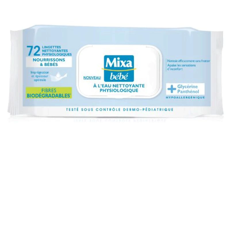 Salviette con acqua detergente fisiologica x72 - MIXA