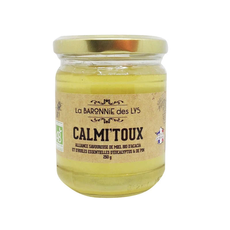 Calmi'Toux, mel de acácia orgânico, óleos essenciais orgânicos de eucalipto e pinho, 250g, LA BARONNIE DES LYS