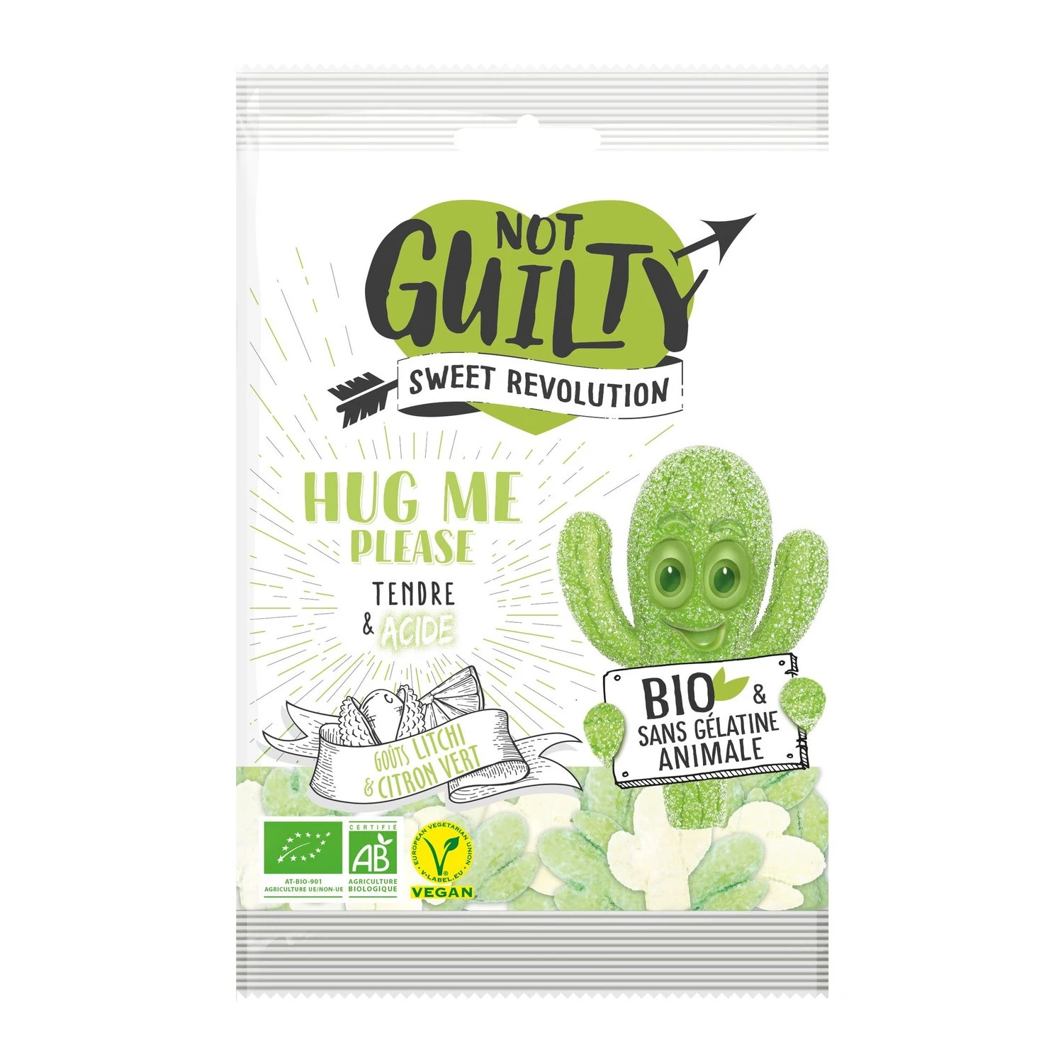 Not Guilty 100gr Sachet Of Sour Gummies Hug Me Please Lychee And Lime Flavor