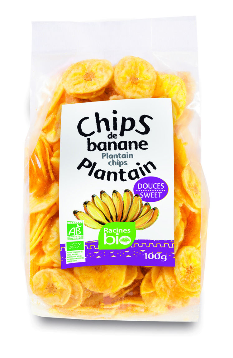 Chips De Banane Plantain Sucr Es 24 X 100 G - RACINES BIO