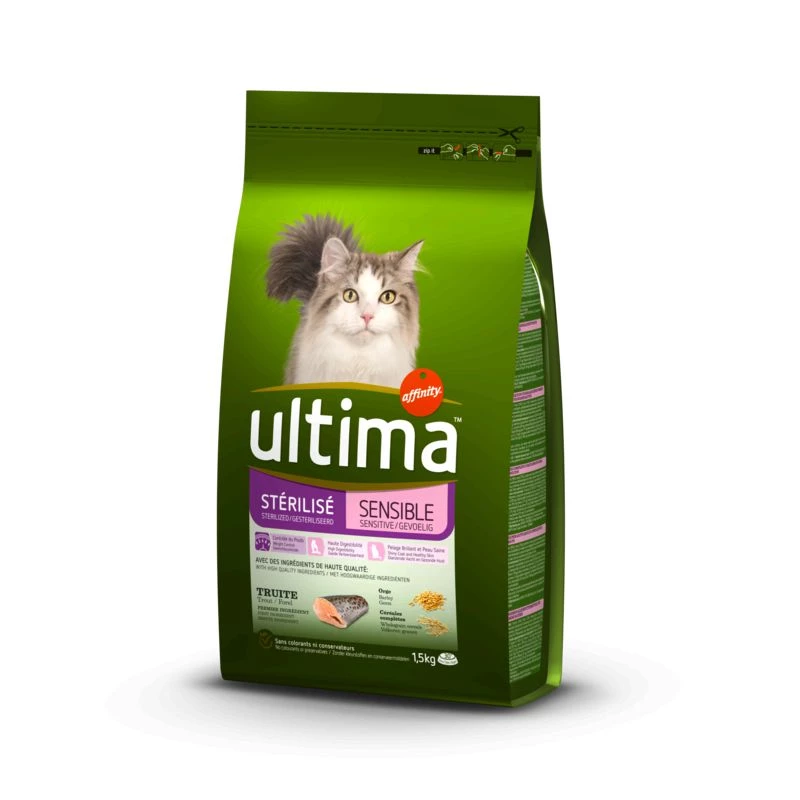 Croquettes pour chat stérilisés truite/orge 1.5kg - ULTIMA