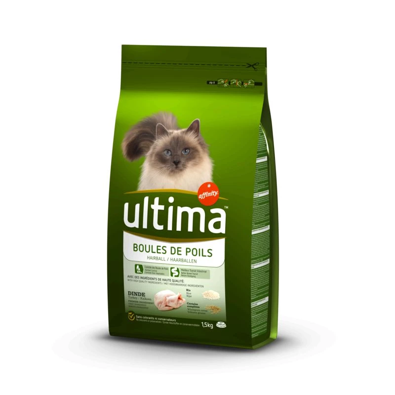 Croquettes pour chat Boules de poils dinde riz 1.5kg - ULTIMA