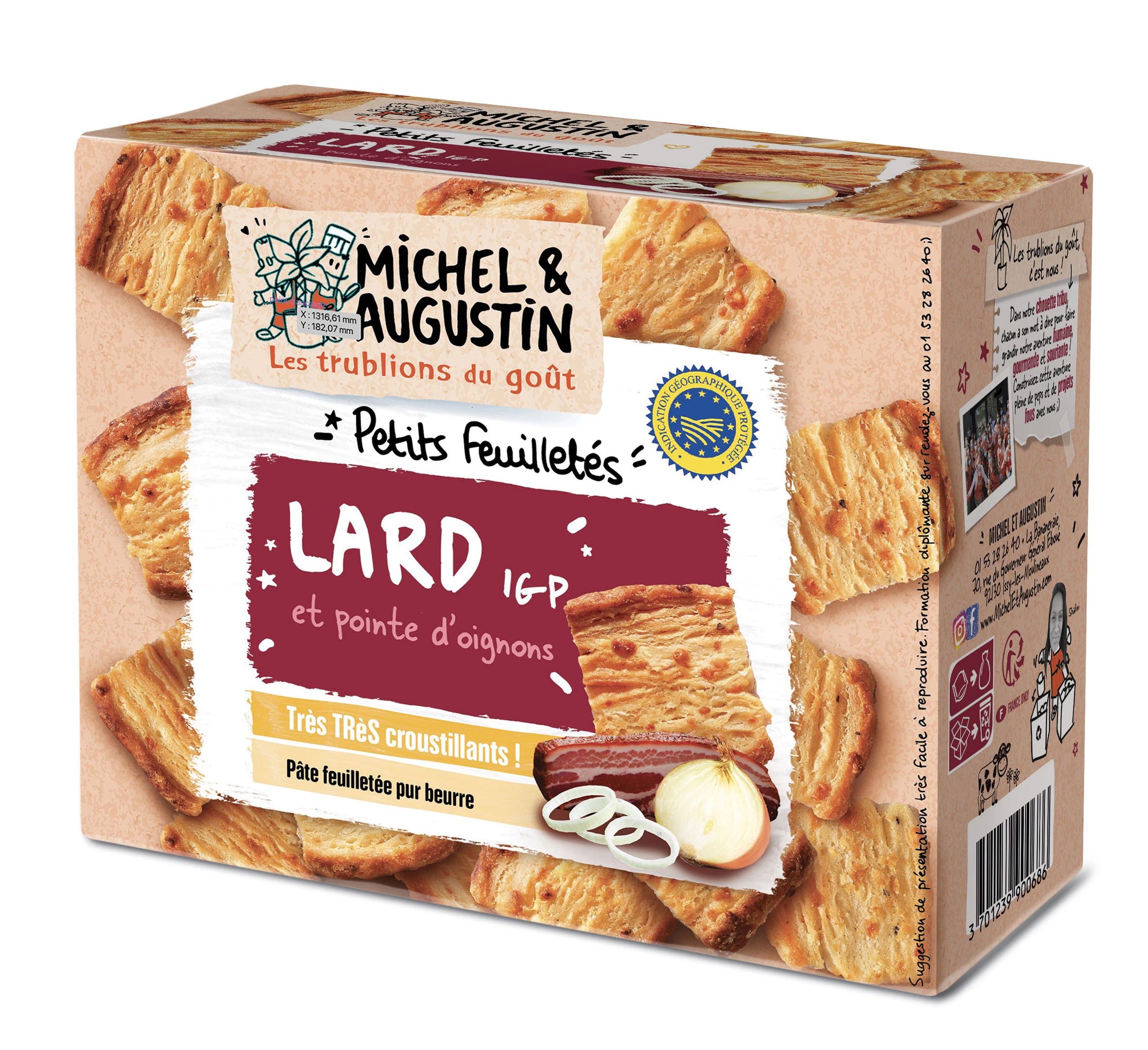 Biscuits Apéritifs Petits Feuilletés au Lard du Sud-Ouest et pointe dOignons, 80g - MICHEL ET AUGUSTIN