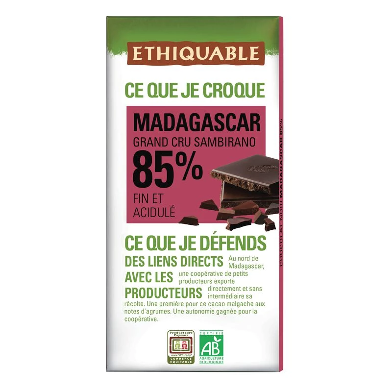 Organic Dark Chocolate Bar 85% Madagascar Cocoa 100g - Ethiquable
