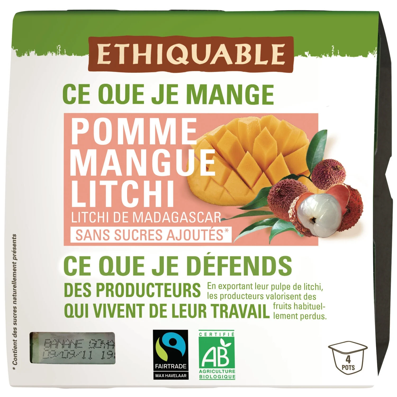 Apple Mango Litchi Compote No Added Sugar Organic 4x100g - Ethiquable