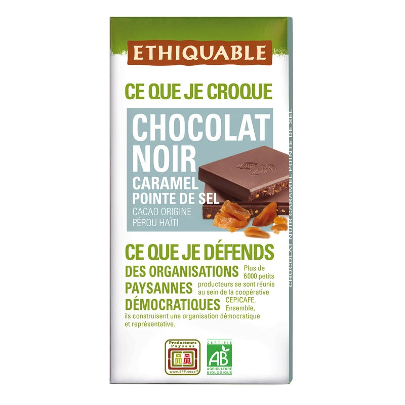 Dark Chocolate Bar Caramel Salt Peru Haiti Organic 100g - Ethiquable