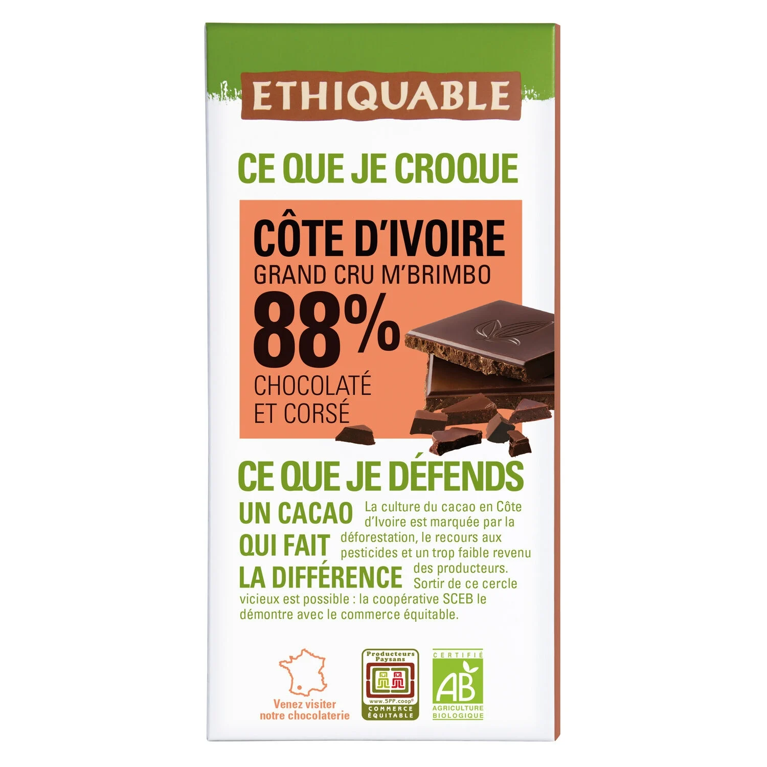 Dark Chocolate Bar 88% Cocoa Ivory Coast Organic 100g - Ethiquable