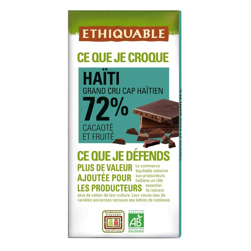 Dark Chocolate Bar 72% Organic Haitian Cocoa 100g - Ethiquable