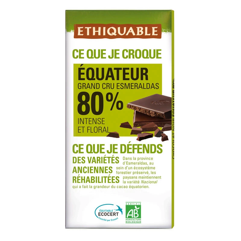 Dark Chocolate Bar 80% Organic Ecuadorian Cocoa 100g -  Ethiquable