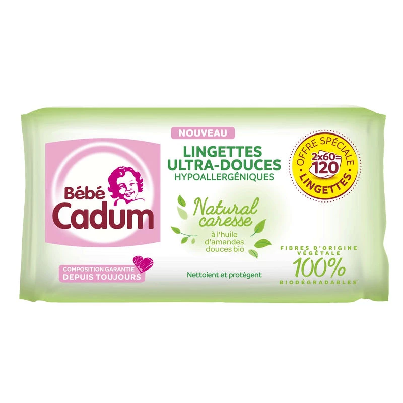 Toallitas de caricia natural ultrasuaves 2x60 - CADUM