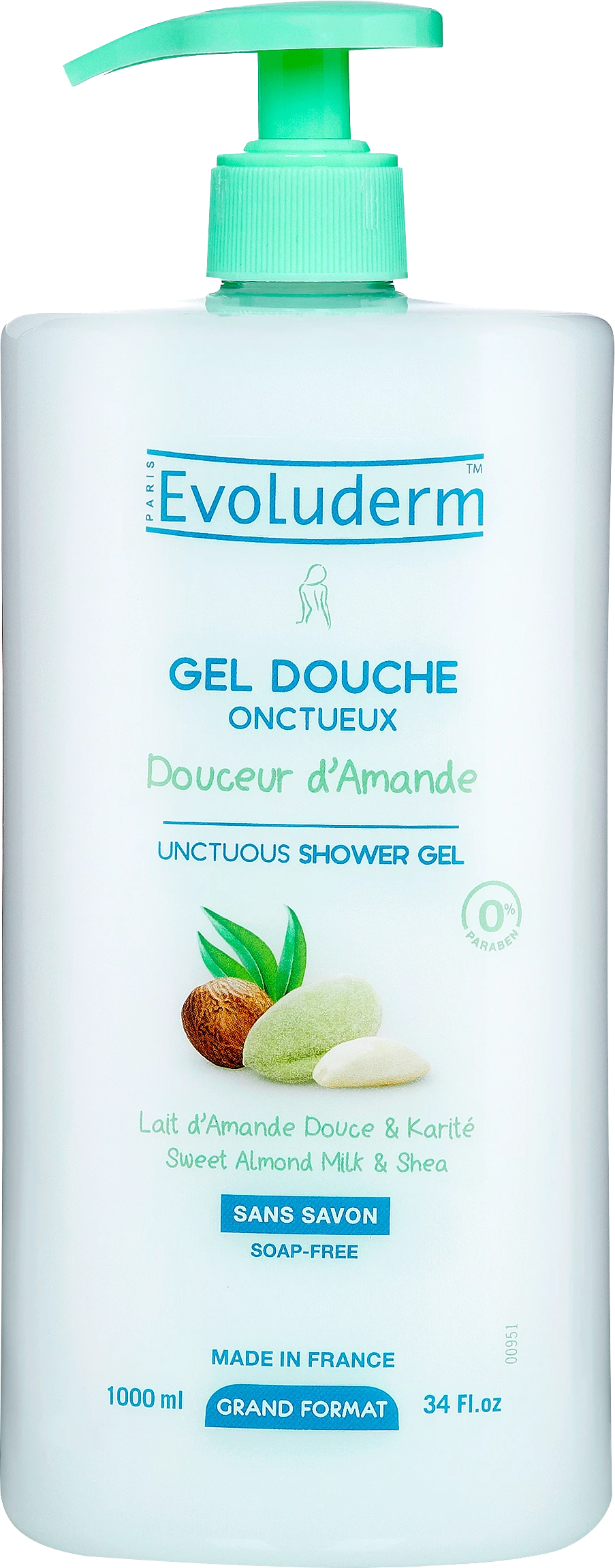 Almond Gentle Shower Gel, 1L - EVOLUDERM