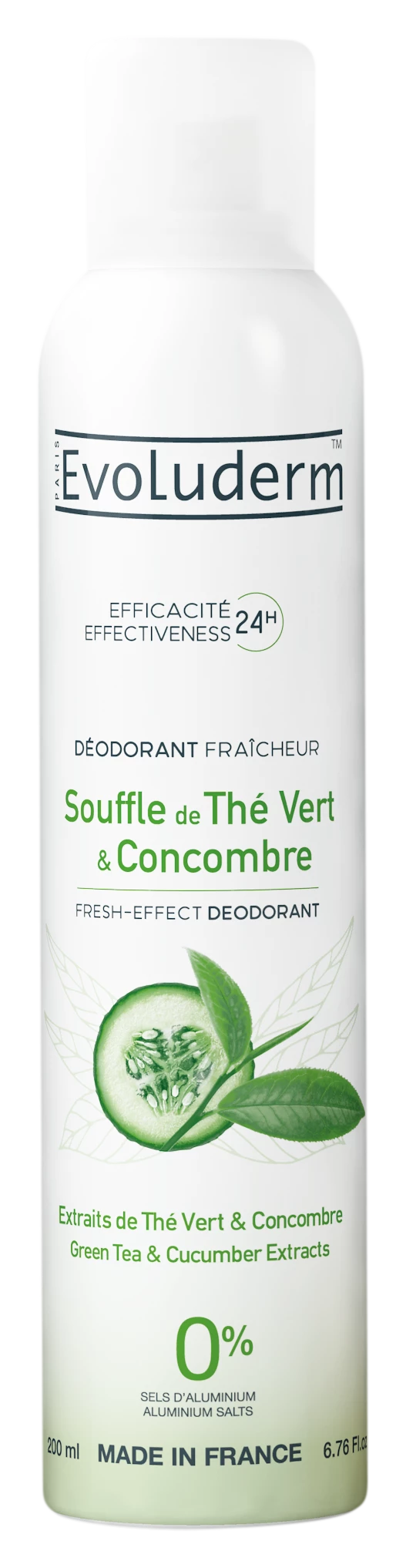 Desodorante Soufflé de Té Verde y Pepino Extracto de Té Verde y Pepino, 200ml - EVOLUDERM