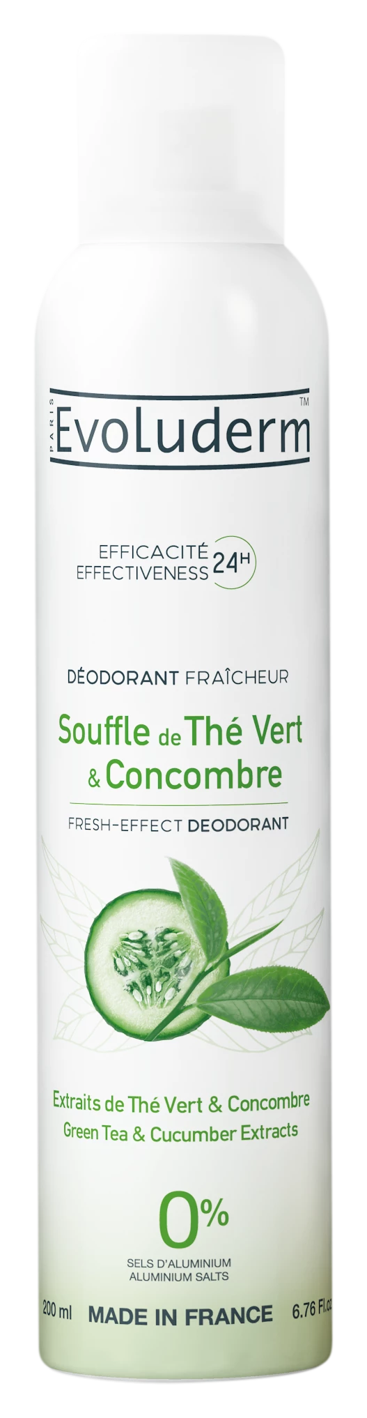 Soufflé di tè verde e deodorante al cetriolo Estratto di tè verde e cetriolo, 200 ml - EVOLUDERM