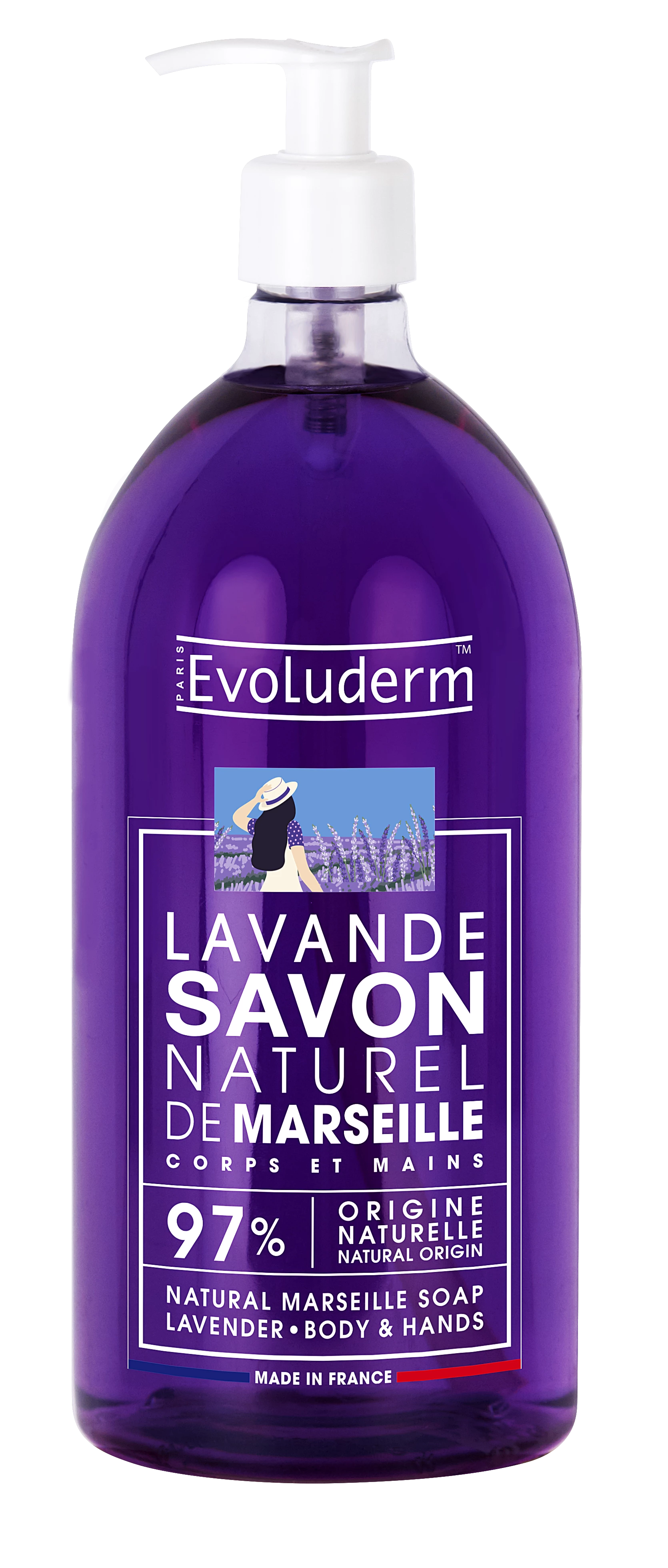 Lavender Natural Liquid Marseille Soap, 1L - EVOLUDERM