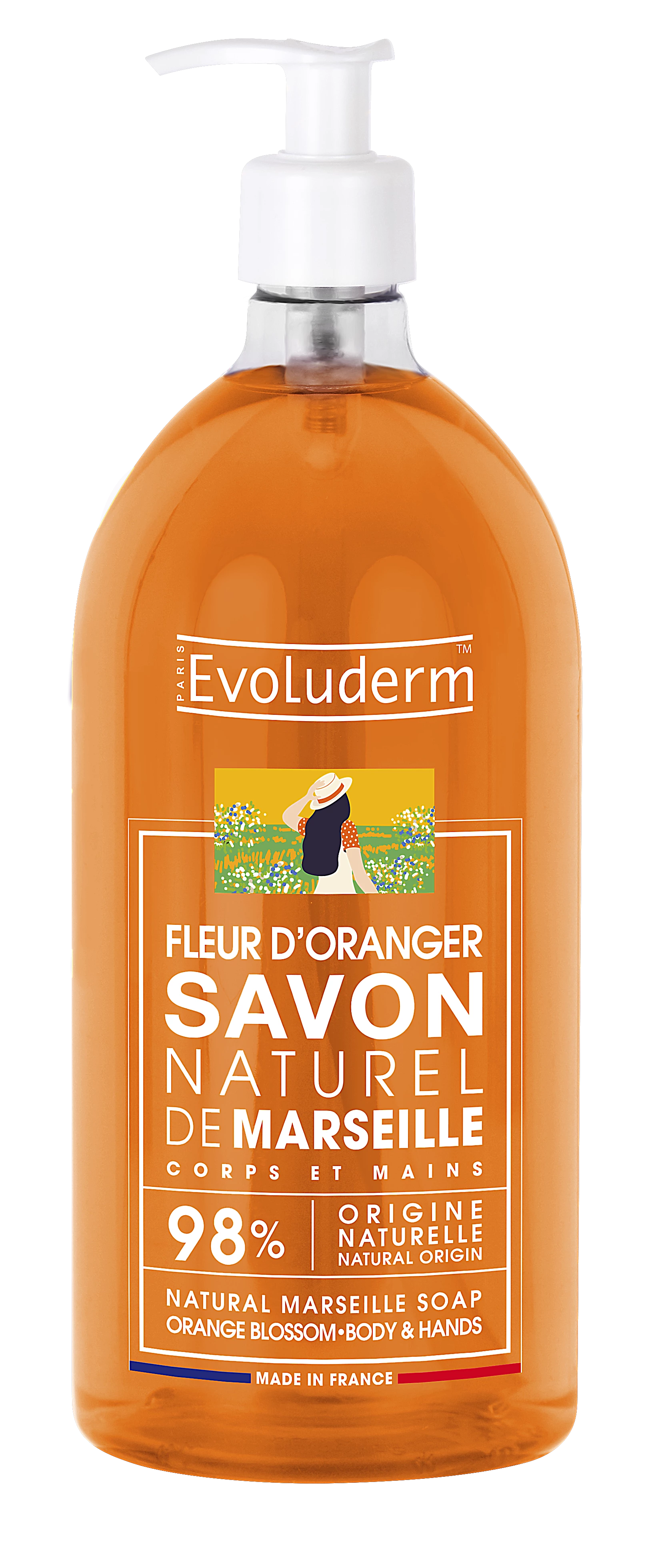 Natural Liquid Marseille Soap Orange Blossom, 1L - EVOLUDERM