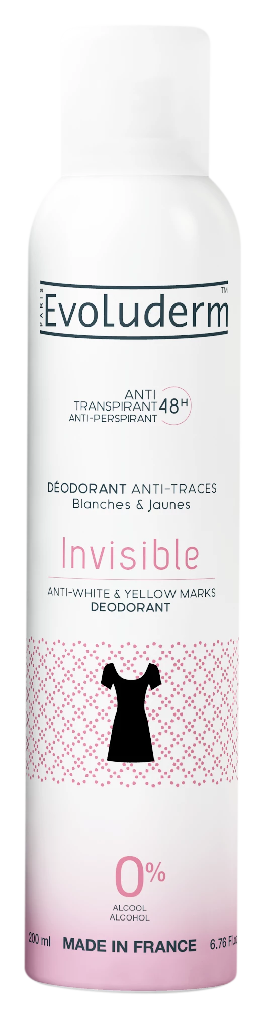 Invisible Deodorant Anti White & Yellow Spots, 200ml - EVOLUDERM