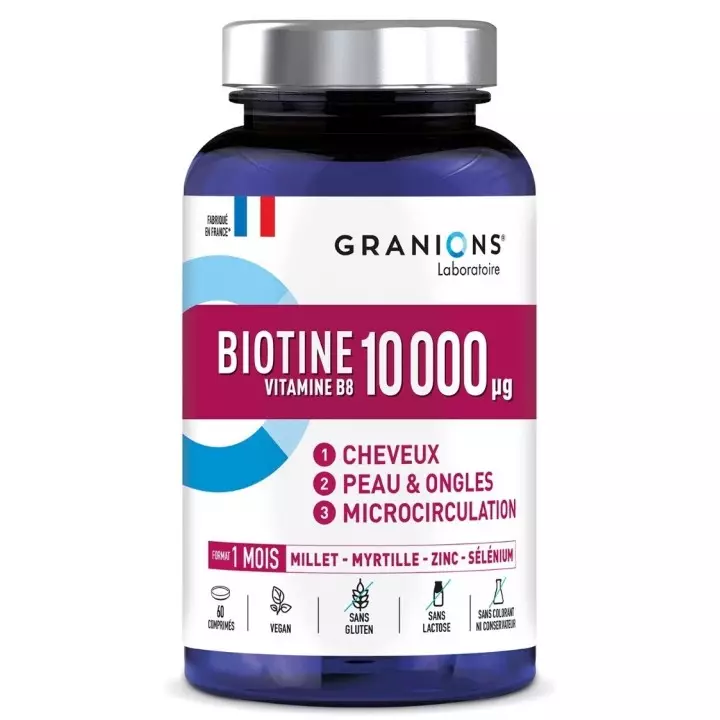 GRANIONS BIOTINE 10 000 µg
Cheveux - Peau & ongles - Microcirculation
60 comprimés - EA PHARM