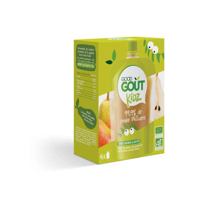 Gourde compote poire Williams sans sucres ajoutés Bio, 4x90g, GOOD GOUT