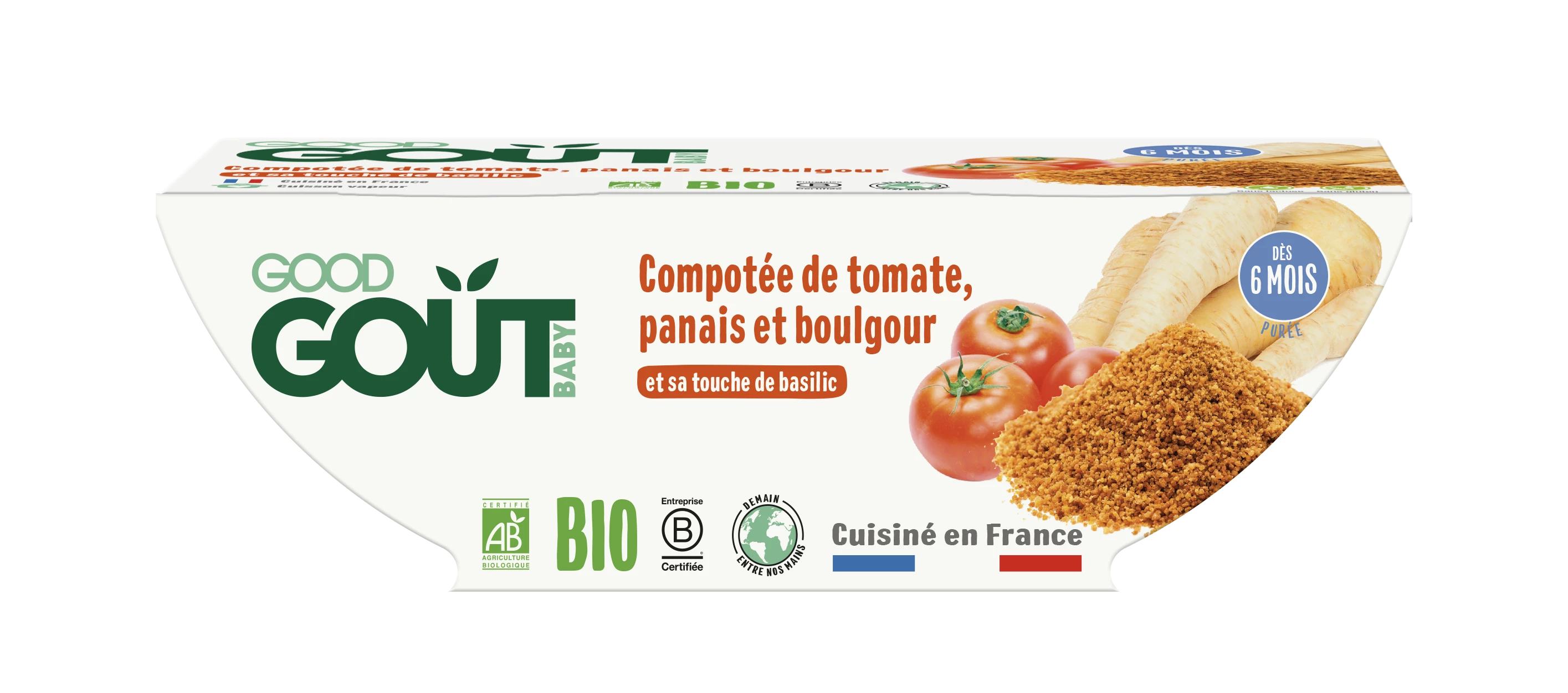 Kommetje biologische pastinaak en bulgur tomatencompote vanaf 6 maanden, 2 bakjes van 190g, GOOD GOUT