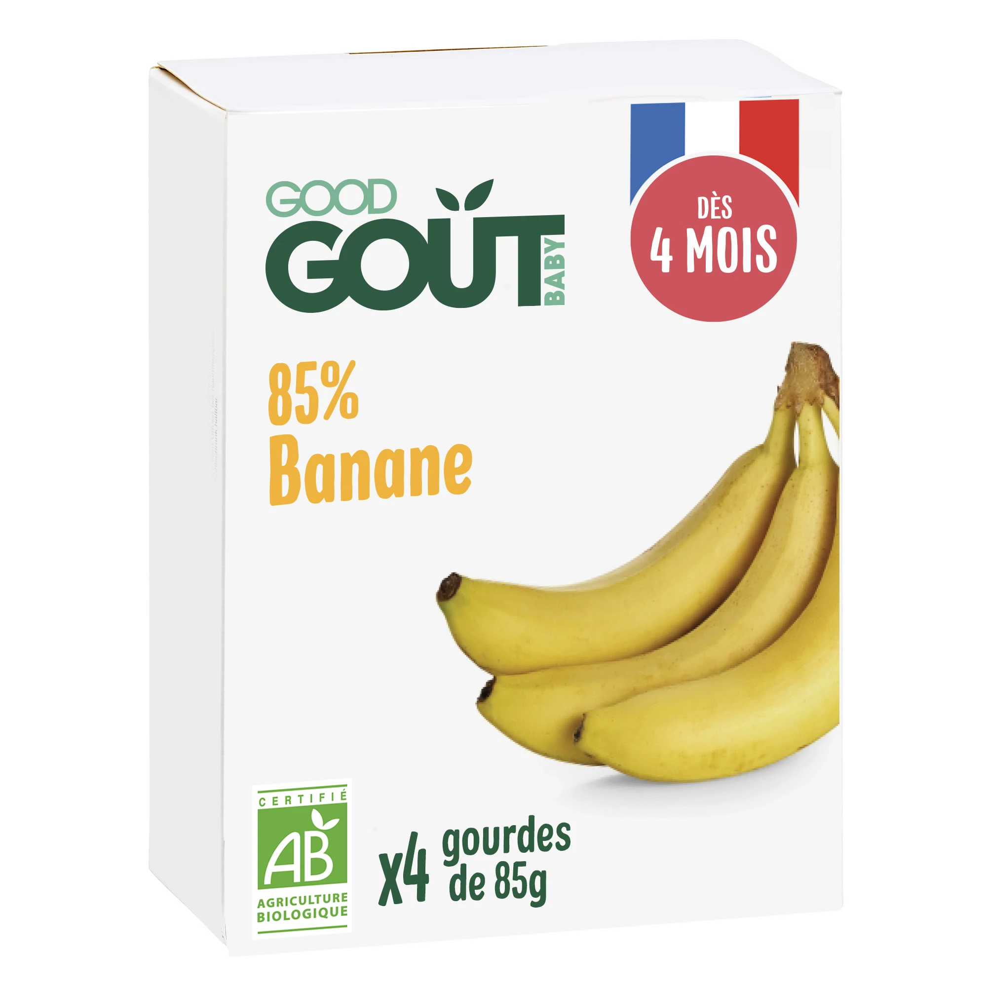 Garrafa de sobremesa de banana orgânica a partir de 4 meses, 4x85g, GOOD GOUT