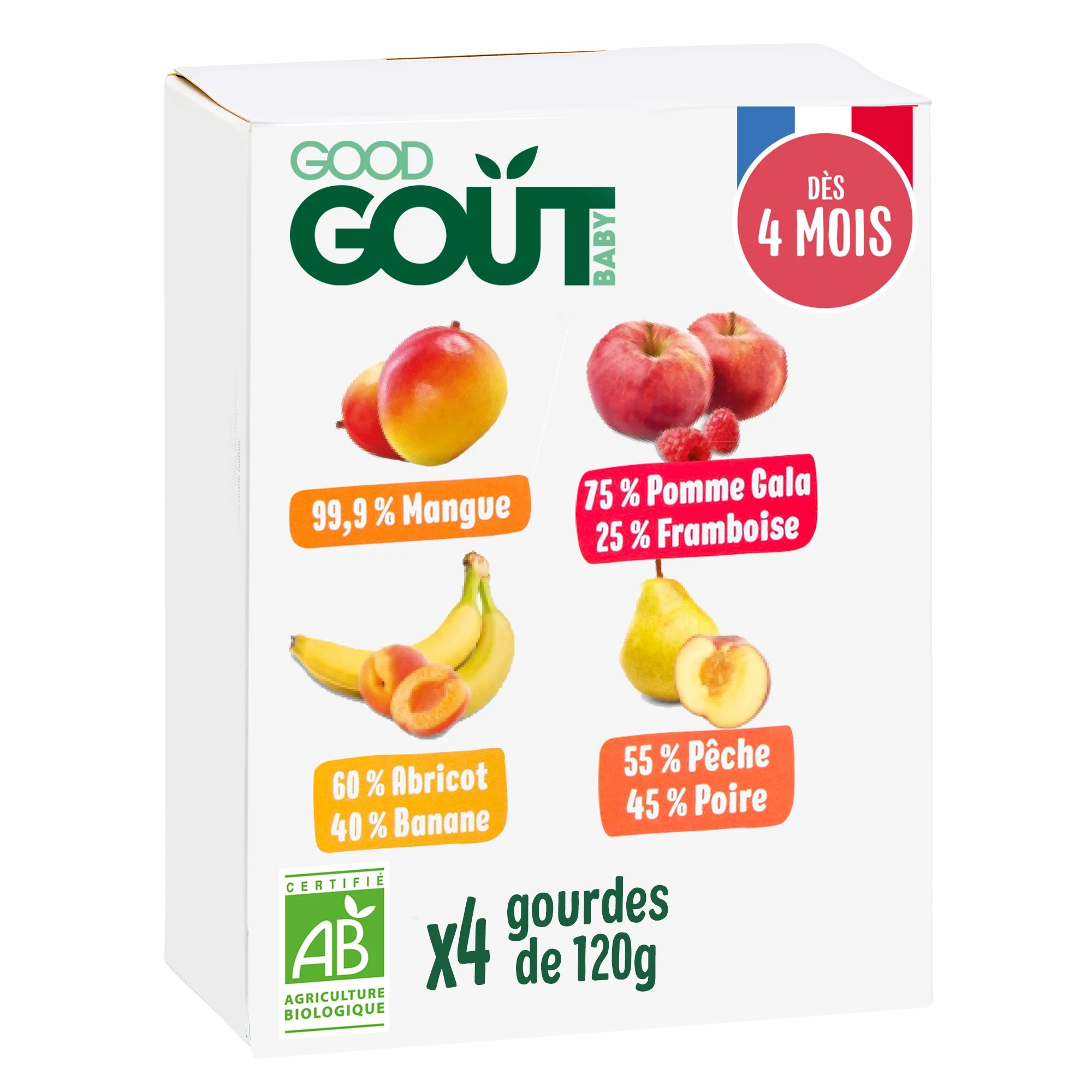 Purée de fruits à boire bébé dès 4 mois fraise banane sans sucres ajoutés Bio, 4x120g, GOOD GOUT