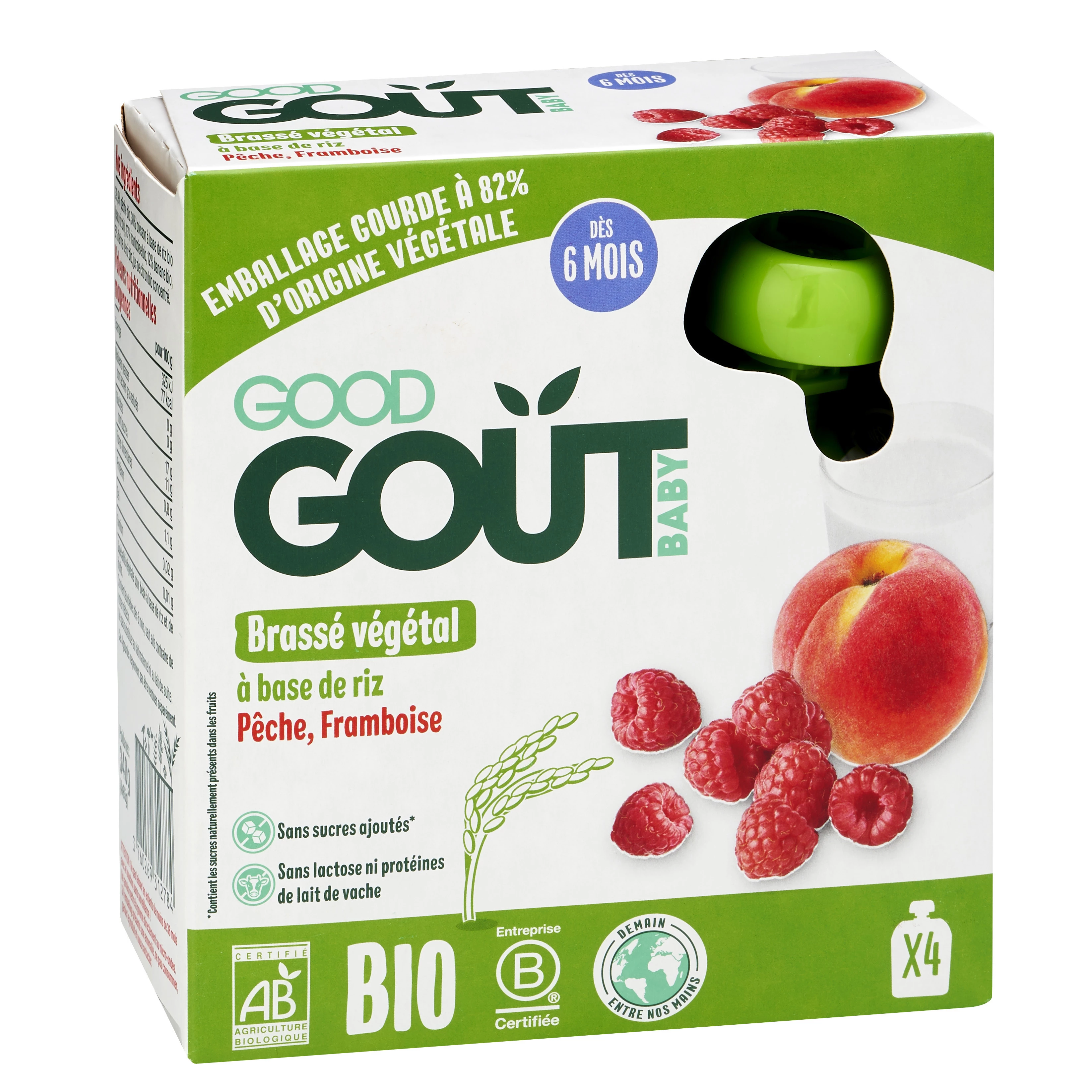 Gourde brassé végétal riz pèche framboise Bio dès 6 mois, 4x85g, GOOD GOUT