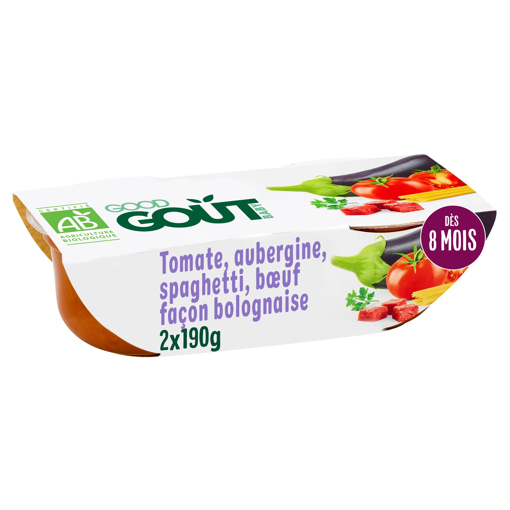 Gesudderde kom tomaten-auberginespaghetti en biologisch rundvlees vanaf 8 maanden 2x190g GOOD GOUT