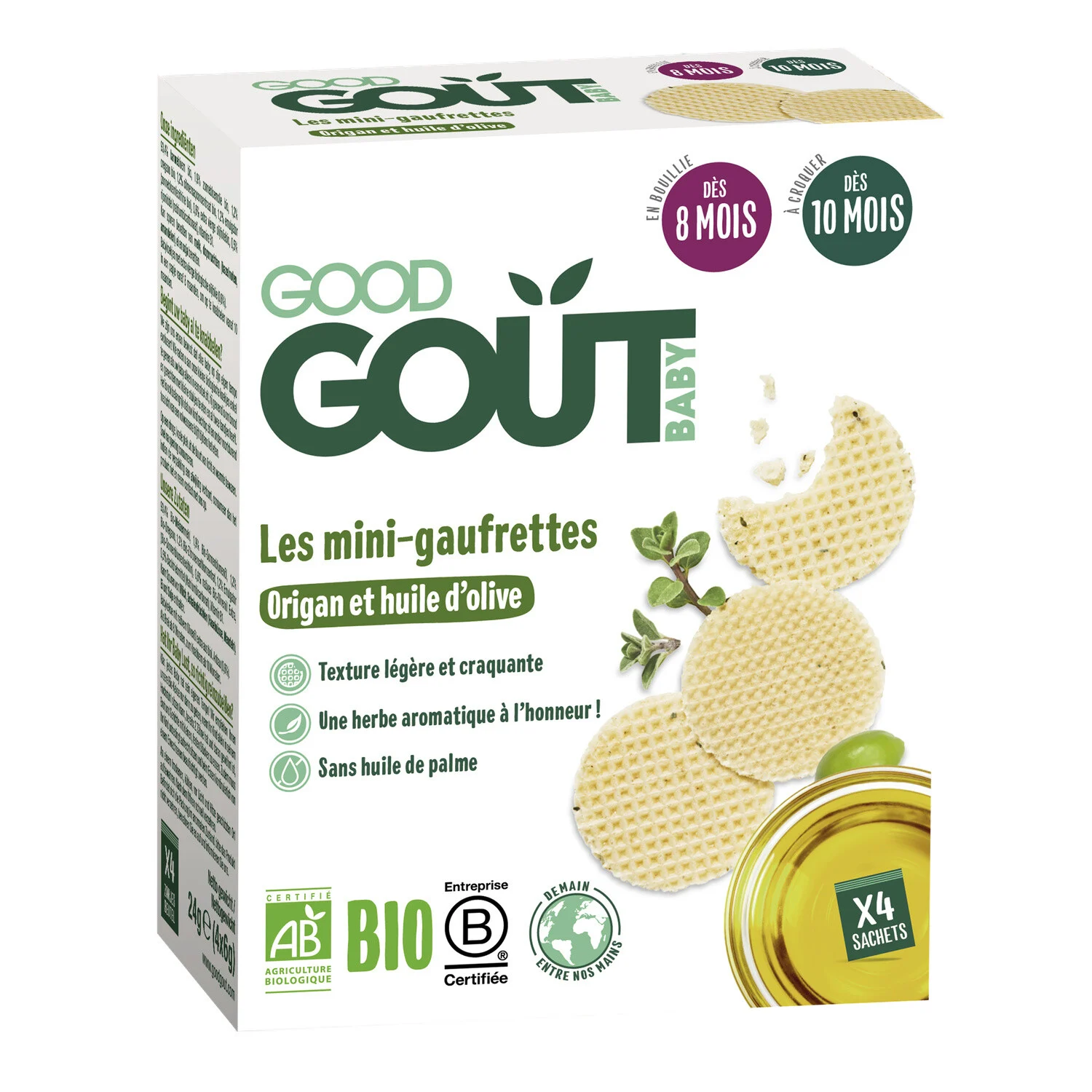 Biscuits Salés Bébé Dès 8 Mois Mini Gaufrettes Origan & Huile D'olive Bio 24g - Good Gout