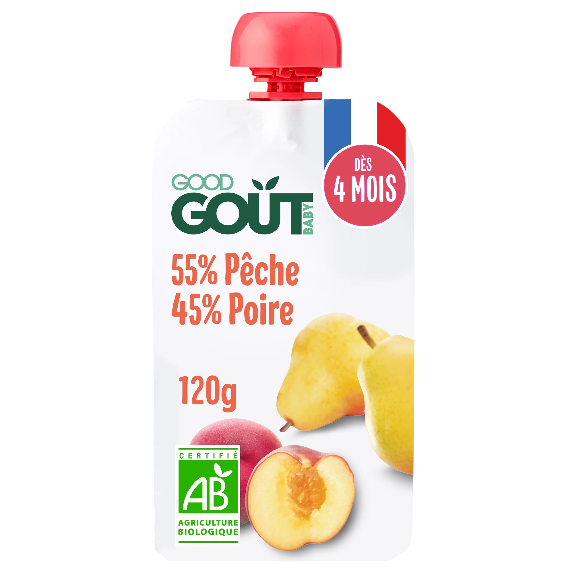 Postre ecológico de pera y melocotón botella a partir de 4 meses 120g, GOOD GOUT