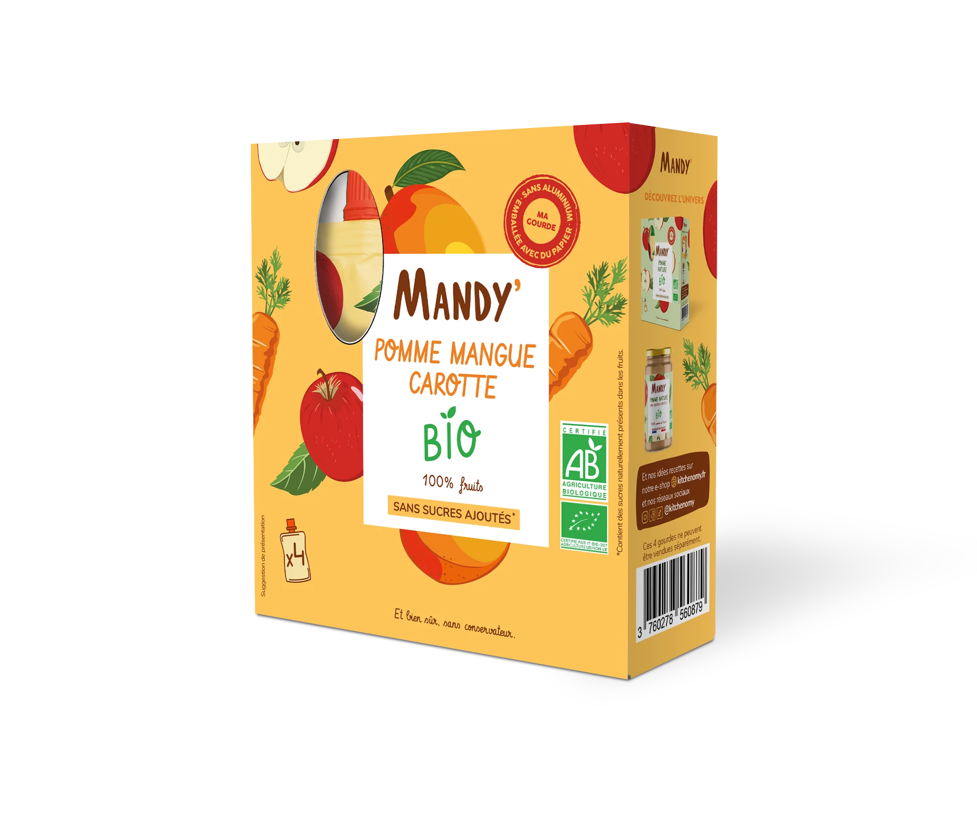 Pack De 4 Gourdes Bio - Pomme Mangue Carotte - 4x90 G X 8 - MANDY'