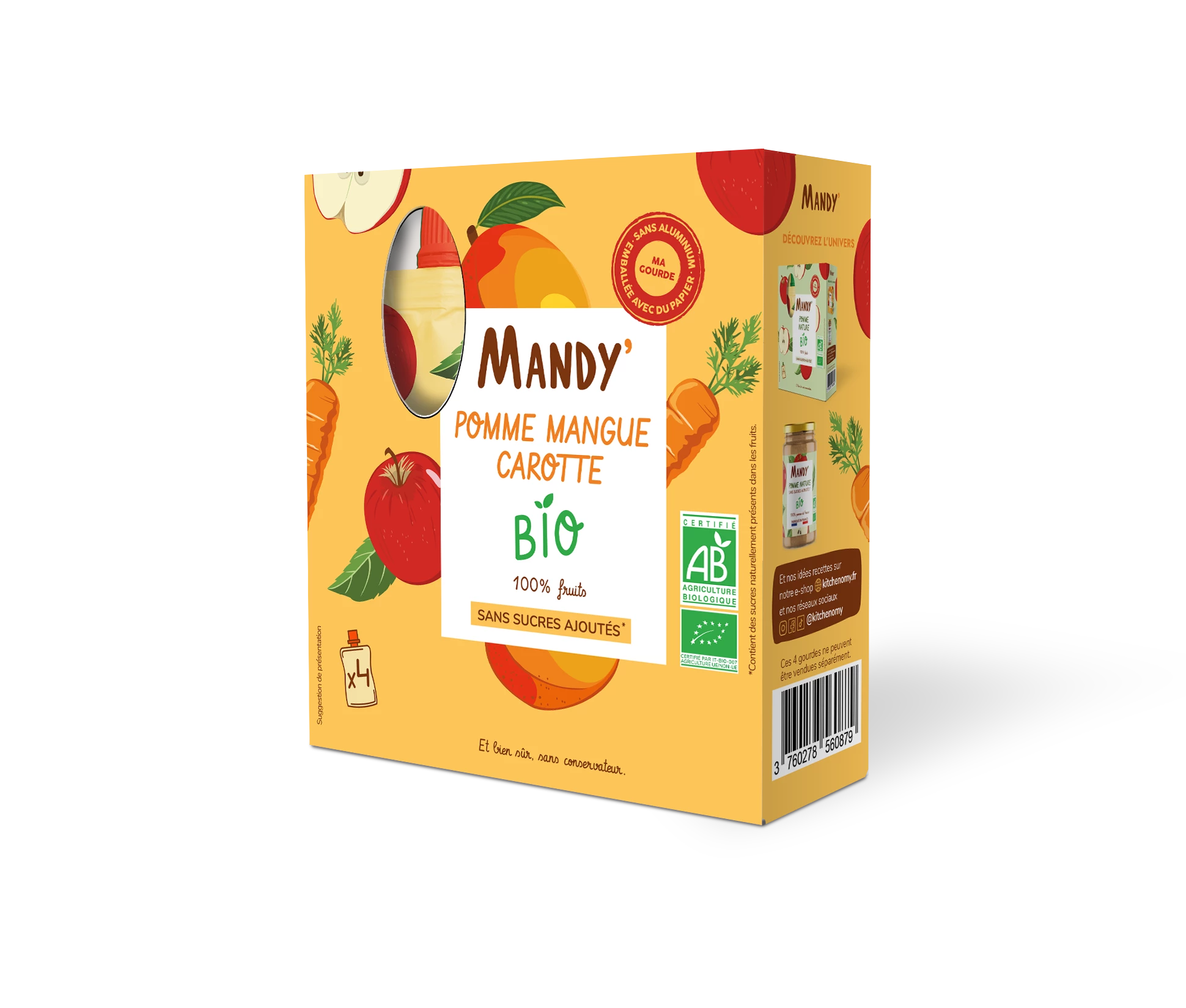 عبوة من 4 زجاجات تفاح ومانجو وجزر عضوية 4x90 GX8 - MANDY'