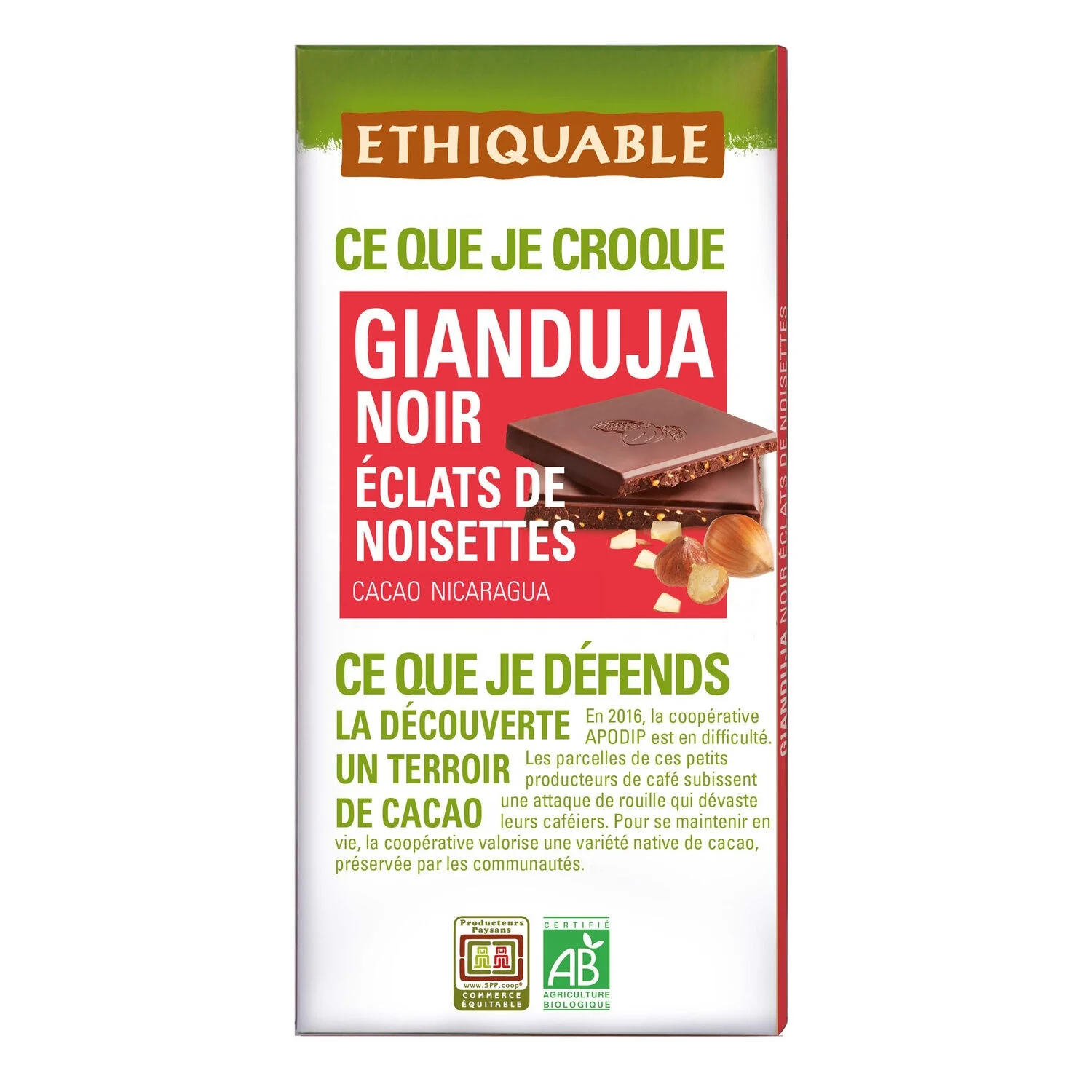 Dark Chocolate Bar Gianduja Hazelnut Chips Nicaragua Organic 100g - Ethiquable