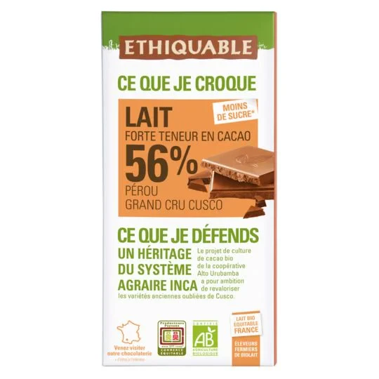 Chocolat Au Lait 56% Cacao Pérou Bio 100g -ethiquable