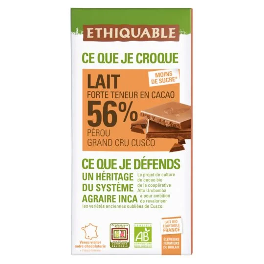 Milk Chocolate 56% Organic Peruvian Cocoa 100g -ethical