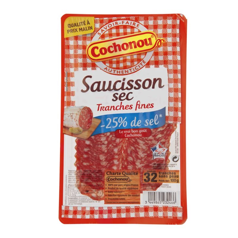 Saucisson Sec en Tranches Fines, 100g - COCHONOU