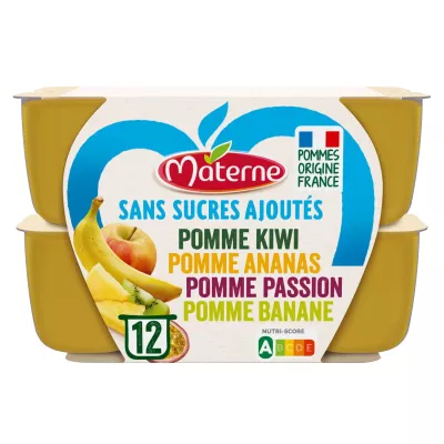 アップルキウイ、パイナップル、パッションフルーツ、バナナコンポート 砂糖不使用 12x100g - Materne