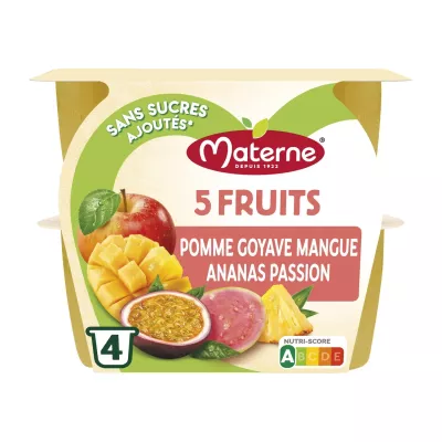 Compotas 5 frutas Apple Goyave Mango Paixão de abacaxi sem açúcar adicionado 4x100g - Materne