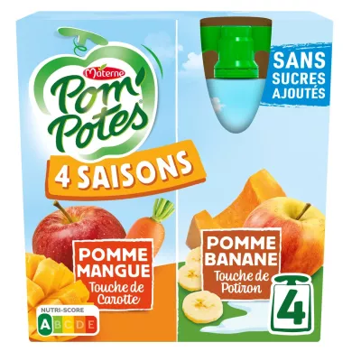 4 Seasons 苹果芒果、苹果香蕉蜜饯 无添加糖 4x90g - Pom'potes