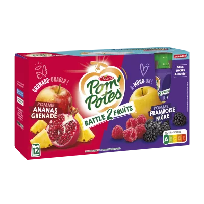 Battle 2 Composte di Frutta Mela Ananas Melograno, Mela Matura Lampone 12x90g - POM' POTES