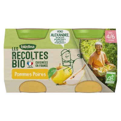 Compotas orgânicas de maçã e pêra a partir de 4/6 meses 2x130g - BLEDINA