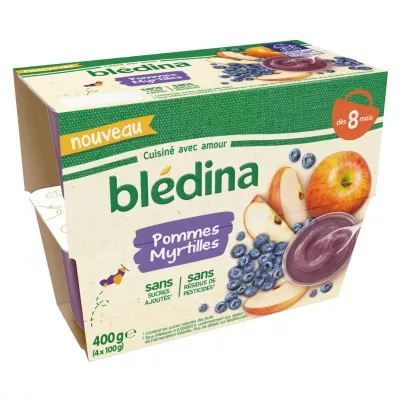 Детское фруктовое пюре с 8 месяцев яблоки черника 4х100г - BLEDINA