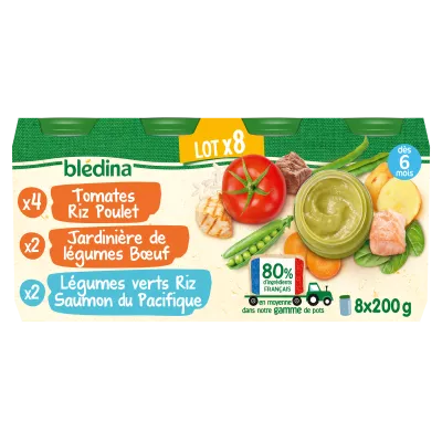 Kleine babypot van 6 maanden tomatenrijstkip, rundergroente planter en groene groenten zalm rijst 8*200 g - BLEDINA