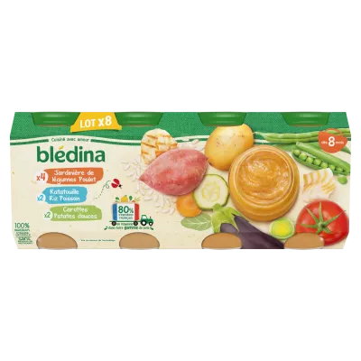 Petit pot bébé dès 8 mois jardinière de légumes poulet, ratatouille riz poisson et carottes patates douces 8x200g -  BLEDINA