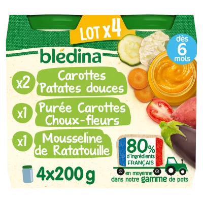 Kleine babypot van 6 maanden zoete aardappelen, puree wortelen bloemkool en ratatouille mousseline 4x200G - BLEDINA