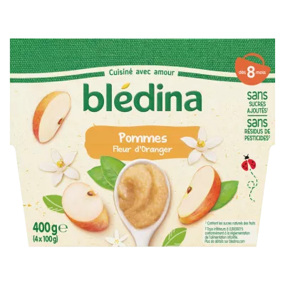Purée de fruits bébé dès 8 mois pomme fleur d'oranger 4x100g - BLEDINA