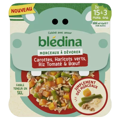 Piatto baby da 15 mesi bocconcini di carote fagiolini pomodoro riso e manzo 200g - BLEDINA