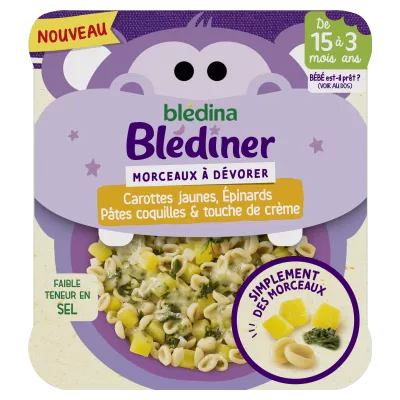 Baby nachtschotel van 15 maanden stukjes gele wortelen spinazie pasta -schelpen en blédiner crème 200g -bledina