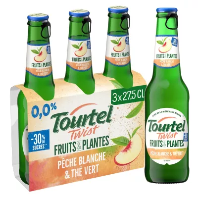 Cerveza Sin Alcohol Aromatizada con Zumo de Melocotón Blanco y Té Verde 0,0% 3x27,5cl - TOURTEL TWIST