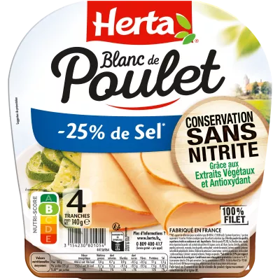 Blanc de Poulet Sel Réduit Conservation Sans Nitrite, 140g - HERTA