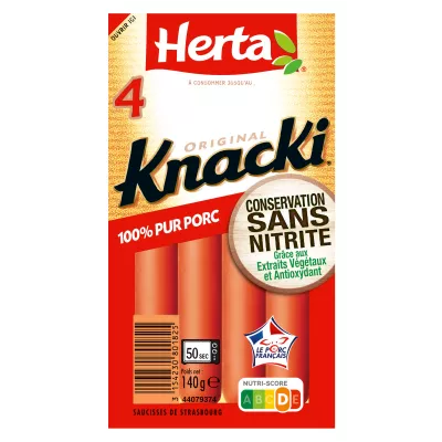 Saucisses Knacki 100% Pur Porc Sans Nitrite, 140g - HERTA